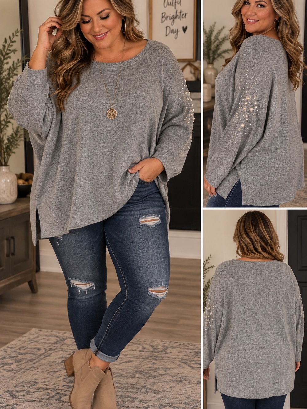 Democracy Plus Size Gray Sequin-Sleeve Pullover